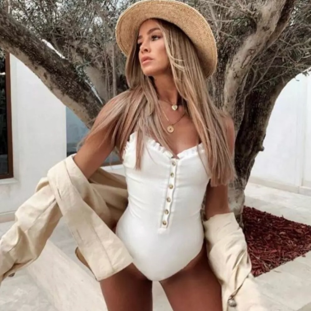 SOLD OUT The Cutest White Ribbed Button Ruffled Bodysuit - Picture 1 of 7